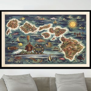 Carte ancienne des îles Hawaï, affiches de carte illustrées vintage, affiche de carte vintage, art de la carte vintage, poster papier, impression sur toile, décoration murale