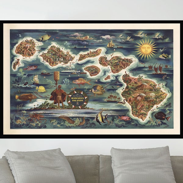Old Map of Hawaiian Islands, Vintage Pictorial Map Posters,Vintage Map Poster,Vintage Map Art,Poster Paper,Canvas Print,Wall Decor