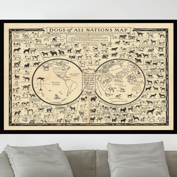 Dogs of All Nations Map, Pictorial Map Poster, Vintage Map Poster,Map Art,Poster Print,Canvas Print,Wall Decor,Home Decor