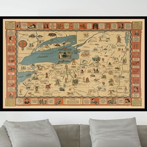 Ancienne carte de l'État de New York, carte picturale vintage, affiche de carte vintage, art de carte vintage, impression d'affiche, impression sur toile, décoration murale, décoration d'intérieur