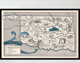 Vintage Oklahoma Pictorial Map, Museum Quality Print
