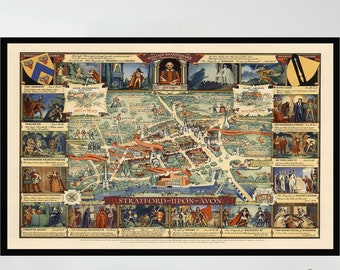 Old Map of William Shakespeare, Vintage Map Poster, Vintage Pictorial Map, Map Art,Poster Print,Canvas Print,Wall Decor,Home Decor