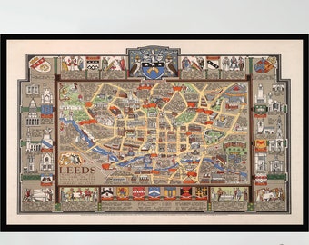 Vintage Pictorial Map of Leeds, United Kingdom, Poster or Canvas Print
