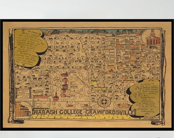 Old Map of Wabash College-Grawfordsville,Indiana, Vintage Pictorial Map,Vintage Map Poster,Poster Print,Canvas Print,Wall Decor