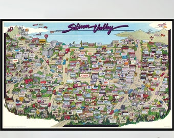 Vintage Silicon Valley Map Poster, Pictorial Wall Decor