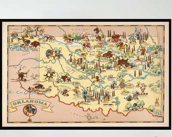 Vintage Pictorial Oklahoma Map Print, Collectible Wall Art