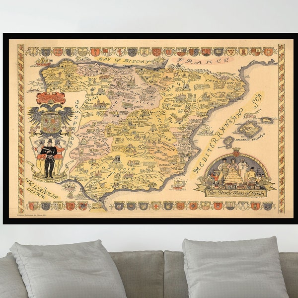 Old Map of Spain, Vintage Map Poster, Vintage Pictorial Map Poster,Vintage Poster Print,Canvas Print,Wall Decor,Home Decor