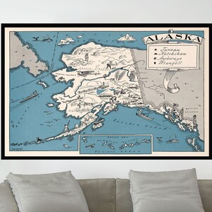 Ancienne carte de l'Alaska, affiche de carte vintage, carte picturale vintage, impression d'affiche, impression sur toile, idée cadeau, décoration murale, décoration d'intérieur
