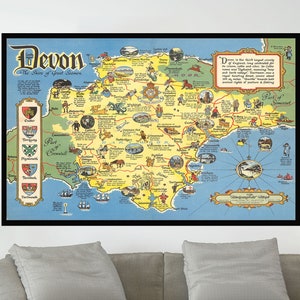 Ancienne carte du Devon, affiche de carte vintage, affiche de carte picturale vintage, art de carte vintage, impression d'affiche, impression sur toile, décoration murale, décoration d'intérieur