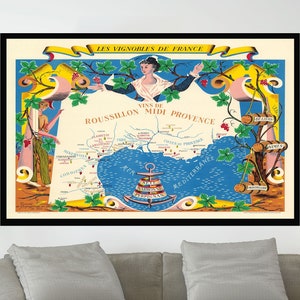 Ancienne carte de France, affiche de carte vintage, affiche de carte picturale vintage, art de la carte, impression d'affiche, impression sur toile, décoration murale, décoration d'intérieur