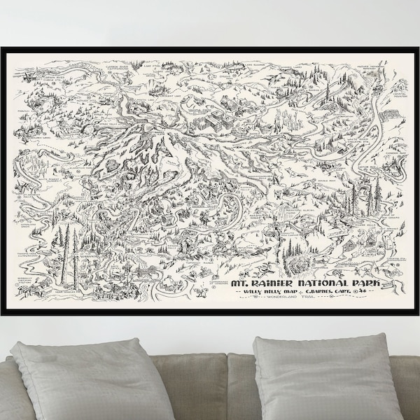 Vintage Mt. Rainier National Park Map Poster, Pictorial Art Print