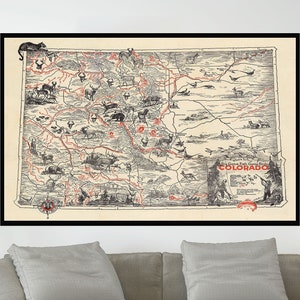 Ancienne carte du Colorado, carte illustrée vintage, affiche de carte vintage, art de la carte vintage, impression d'affiche, impression sur toile, décoration murale, décoration d'intérieur