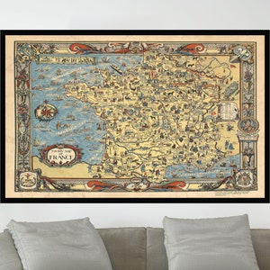 Ancienne carte de France, 28x35 inç, affiche de carte vintage, affiche de carte picturale, art de la carte, impression d'affiche, impression sur toile, décoration murale, décoration d'intérieur