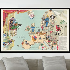 Ancienne carte de l'Europe, affiche de carte picturale vintage, impression d'affiche vintage, papier affiche vintage, impression sur toile, décoration murale, décoration d'intérieur