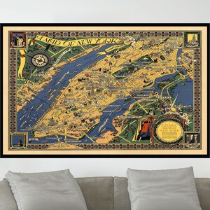 Ancienne carte de New York, affiche de carte vintage, affiche de carte picturale vintage, impression d'affiche, art de la carte, impression sur toile, décoration murale, décoration d'intérieur