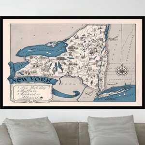 Ancienne carte de New York, carte picturale vintage, affiche de carte vintage, art de carte vintage, impression d'affiche, impression sur toile, décoration murale, décoration d'intérieur