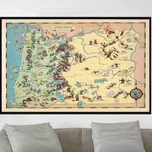 Ancienne carte de l'Oregon, carte picturale vintage, affiche de carte vintage, art de carte vintage, impression d'affiche, impression sur toile, décoration murale, décoration d'intérieur