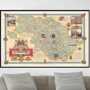 Ancienne carte du Yorkshire, carte vintage d'East Riding, carte picturale vintage, impression d'affiche, papier d'affiche, impression de toile, décor de mur, décor à la maison