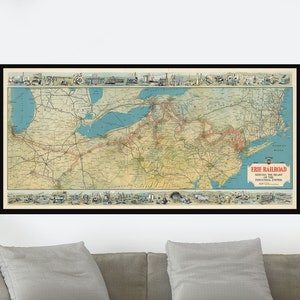 Ancienne carte du chemin de fer d'Érié, carte illustrée vintage, affiche de carte vintage, impression d'affiche, papier pour affiche, impression sur toile, décoration murale, décoration d'intérieur