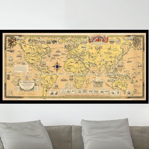 Ancienne carte du monde, carte illustrée vintage, affiche de carte vintage, impression d'affiche, papier pour affiche, impression sur toile, décoration murale, décoration d'intérieur