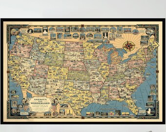 Old Map of America The Wonderland, Vintage Map Poster, Vintage Pictorial Map, Poster Print, Canvas Print, Gift Idea, Wall Decor, Home Decor