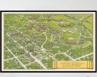 Vintage Denison University Map Print, Granville Ohio, Pictorial Wall Art