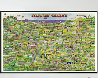 Vintage Silicon Valley Map Art, Pictorial Poster, Canvas Print