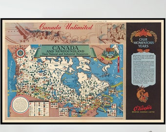 Vintage Pictorial Map of Canada and Newfoundland, Museum Quality Print