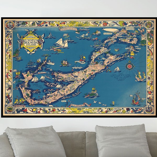 Alte Karte von Bermuda-Inseln, Vintage Bildliche Karte Poster, Vintage Karte Kunst, Posterpapier, Leinwanddruck / Geschenkidee Wanddekor