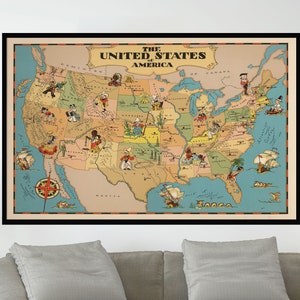 Ancienne carte des États-Unis d'Amérique, carte picturale vintage, affiche de carte vintage, art de carte vintage, impression d'affiche, impression sur toile, décoration murale