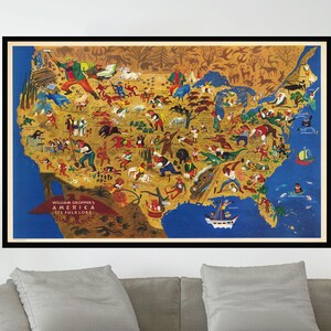 Ancienne carte des États-Unis d'Amérique, affiches de carte picturale vintage, art de carte vintage, papier d'affiche, impression de toile, décor de mur, décor à la maison