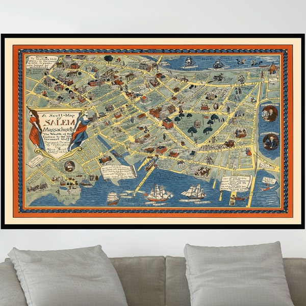 Old Map of Salem, Map of Massachusetts, Vintage Map Poster,Vintage Pictorial Map,Poster Print,Canvas Print,Wall Decor,Home Decor