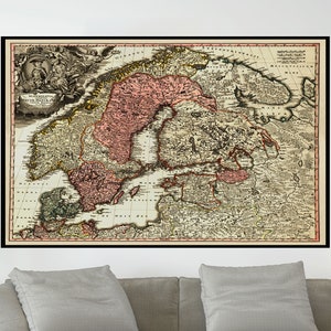 Ancienne carte de Scandinavie, affiche de carte vintage, carte picturale vintage, art de carte vintage, impression d'affiche, impression sur toile, décoration murale, décoration d'intérieur