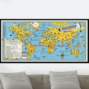Ancienne carte du monde, carte illustrée vintage, affiche de carte vintage, impression d'affiche, papier pour affiche, impression sur toile, décoration murale, décoration d'intérieur