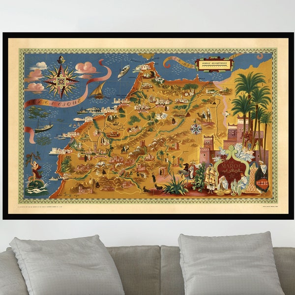 Ancienne carte du Maroc, affiche de carte picturale vintage, art de carte vintage, impression d'affiche, papier d'affiche, impression de toile, décor de mur, décor à la maison