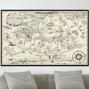 Ancienne carte de Fort Ord, ancienne carte de la baie de Monterey, carte picturale vintage, art de la carte vintage, papier affiche, impression sur toile / décoration murale idée cadeau