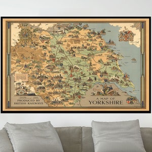 Ancienne carte du Yorkshire, affiche de carte vintage, carte picturale vintage, art de la carte vintage, impression d'affiche, impression sur toile, décoration murale, décoration d'intérieur