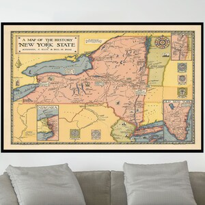 Ancienne carte de l'État de New York, affiche de carte vintage, carte picturale vintage, art de carte vintage, impression d'affiche, impression sur toile, décoration murale, décoration d'intérieur
