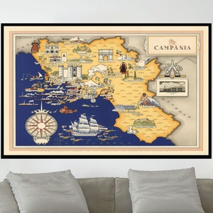 Ancienne carte de Campanie, affiche de carte vintage, carte picturale vintage, art de carte vintage, impression d'affiche, impression sur toile, décoration murale, décoration d'intérieur