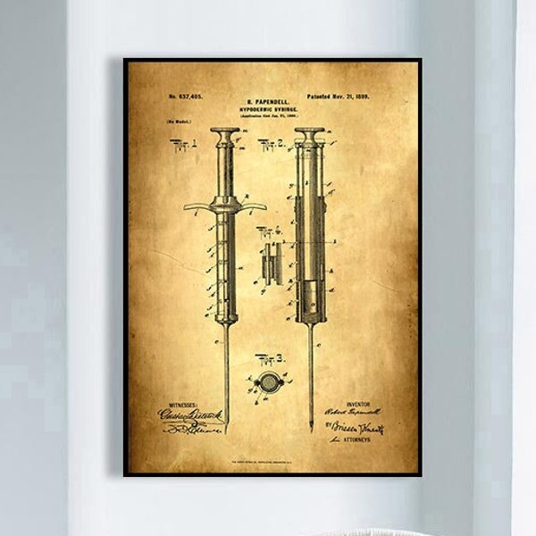 Hypodermic Syringe Patent Print, Syringe Patent Poster, Framed Art Print, Vintage Poster Wall Decor, Poster Print, Canvas Print, Gift Idea