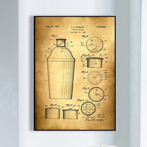 Cocktail Shaker Patent Druck, Kunstdruck gerahmt, Vintage Poster, Wanddekor, Kunst Leinwand, Posterdruck, Leinwanddruck, Wanddruck, Geschenkidee