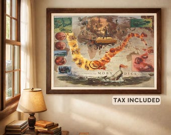 Vintage Moby Dick Map Poster, Voyage of the Pequod World Map, Nautical Literature Wall Art