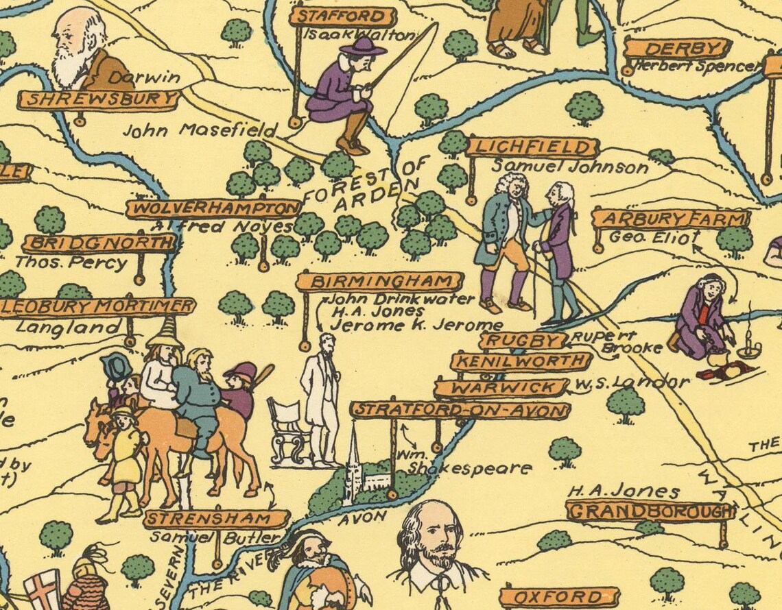 Vintage English Literature Map, Pictorial Art Print - Etsy