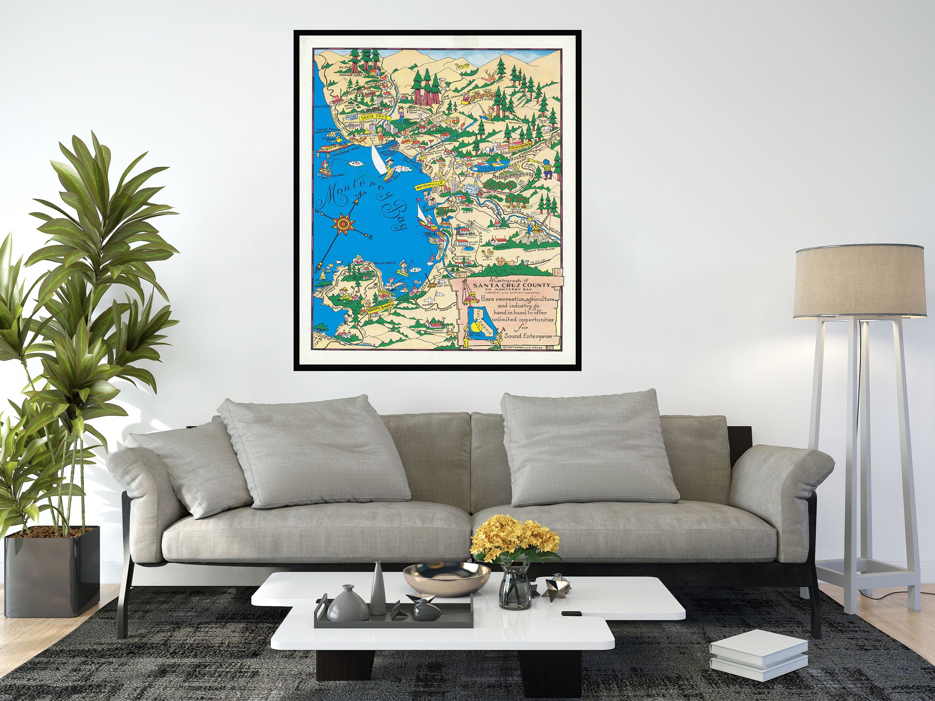 Old Map of Santa Cruz Country, Vintage Pictorial Map,Vintage Map Art,Poster Print,Canvas Print, Gift Idea, Wall Decor, Home Decor
