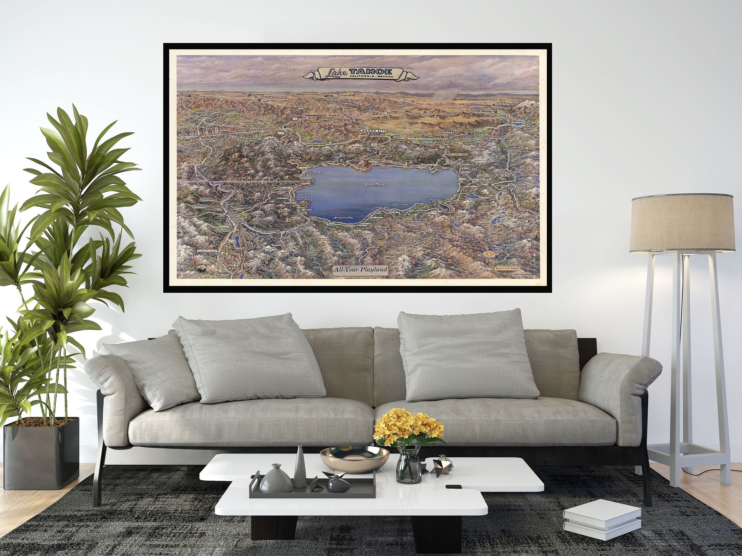 Vintage Lake Tahoe Map Print, Pictorial Wall Art - Etsy Portugal