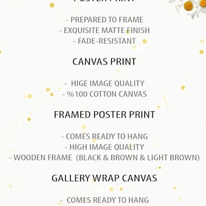 May include: A white background with gold confetti and text describing different print options for artwork. The options include poster print, canvas print, framed poster print, and gallery wrap canvas. Each option lists key features such as image quality, frame material, and whether the print comes ready to hang.