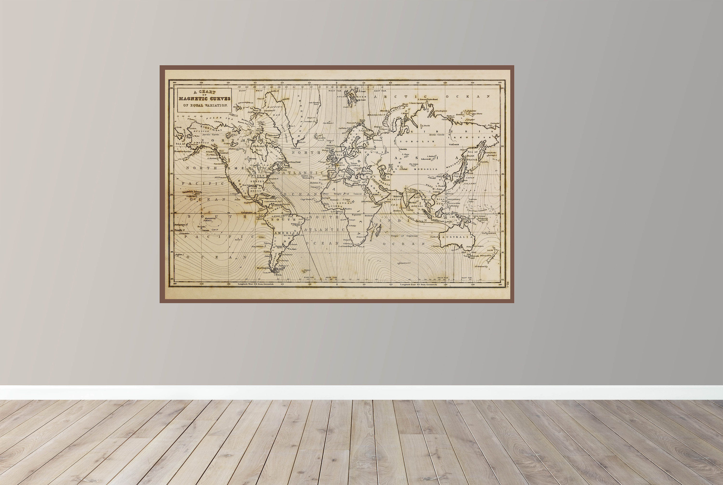 Vintage World Map Print, Magnetic Curves Chart, Antique Wall Decor ...