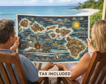 Vintage Hawaiian Islands Map Poster, Oahu Maui Kauai Hawaii Print