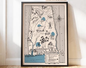 Vintage Alabama Map Poster, Pictorial Art Print