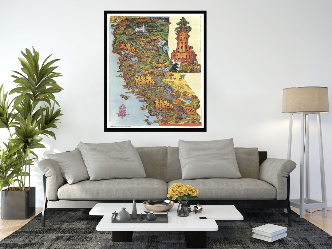 Old Map of California, Vintage Pictorial Map Poster, Vintage Map Art